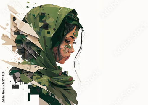 Afghan woman in profile, wearing burka, green scarf, sad about war, street art style with geometric shapes. Generative AI