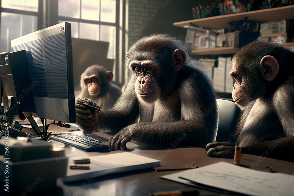 Monkeys working in office. Funny employees working in office at