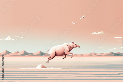 Generative AI illustration of a pink rhino gracefully jumping in soft pink desert landscape. Conceptual and minimalist artwork in pastel colors.