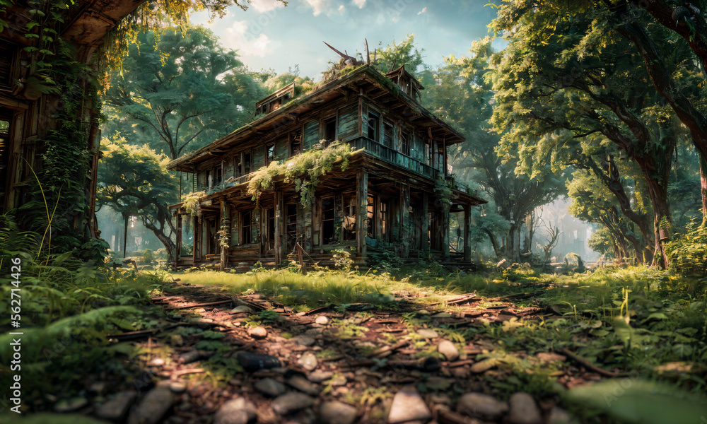 Ruins of a old mansion overgrown by plants. Generative AI Ruins of a old mansion overgrown by plants. Generative AI