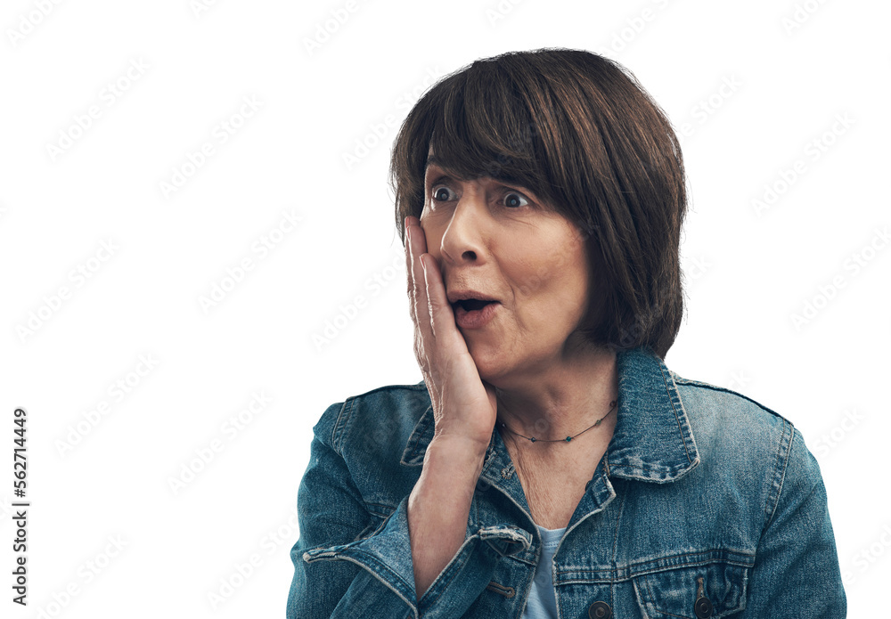 A senior woman looking shocked Isolated on a PNG background. A senior woman looking shocked Isolated on a PNG background.