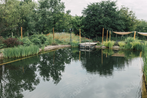 Natural swimming pool with biodiversity in countryside resort. Clean pond water with trees reflection and wooden bridge. Rustic getaway for relaxation. Healthy outdoor lifestyle.