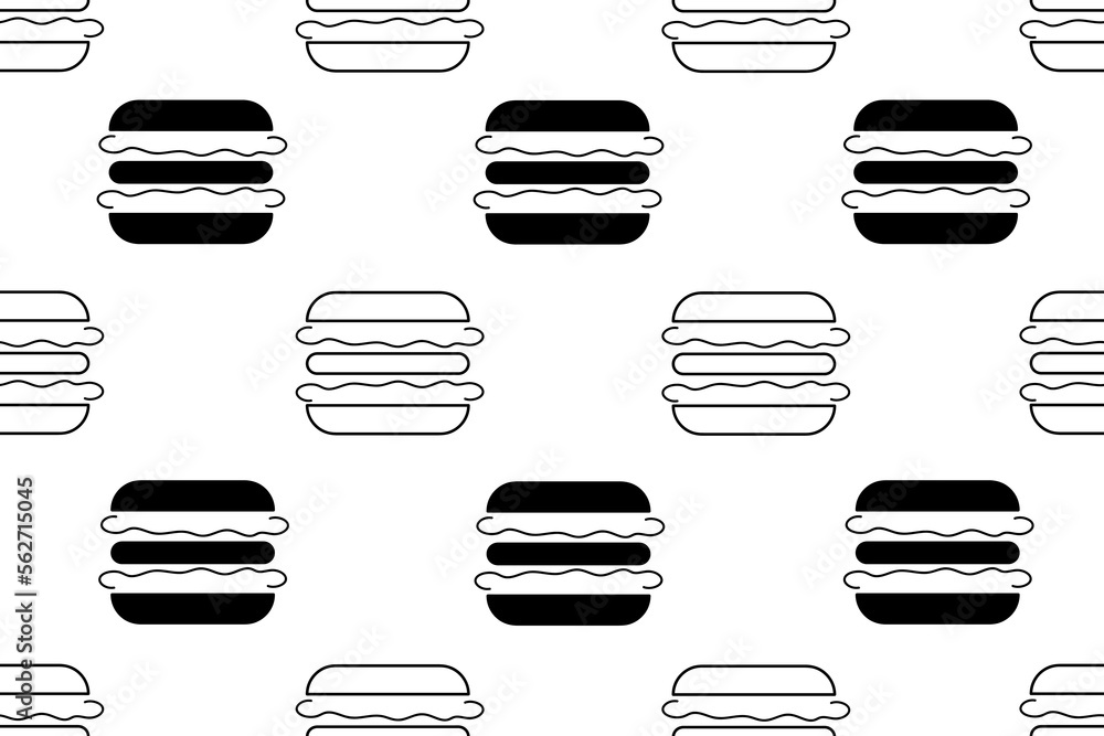 Seamless pattern with black and white hamburger with editable stroke