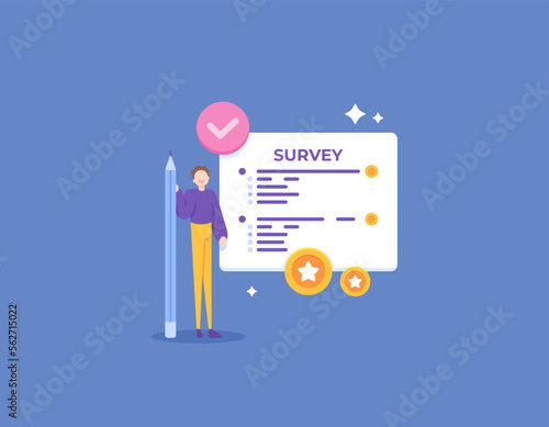 online survey. fill out surveys to earn money. questionnaire. a male respondent fills out a survey form. illustration concept design. graphic elements