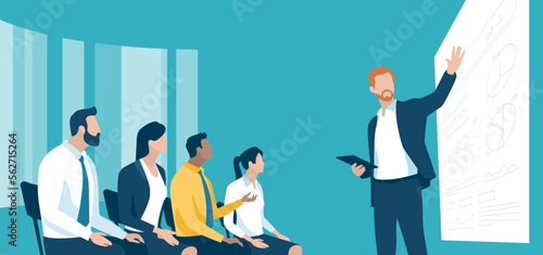 Lecture, education. A young speaker gives a presentation. Business vector illustration. 