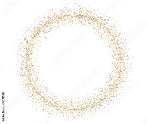 Golden circle with glitter, shiny particles on transparent background. Round frame with copy space for text or logo. Party, Merry Christmas, New year decoration. Cut out design element. 3D render.