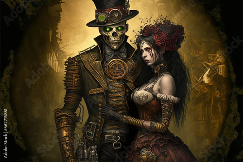 Fictional Person,a cute couple of zombies in love and millionaires at a valentine's party, steampunk,generated by IA,