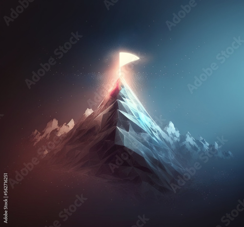 Business success concept with glowing flag on mountain top , Generative AI illustration