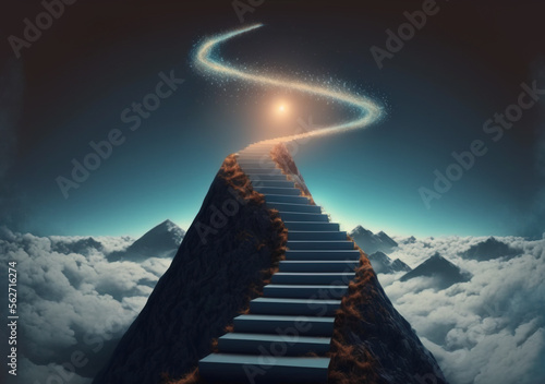 Route to the top concept with stairs leading to the sky, Generative AI illustration