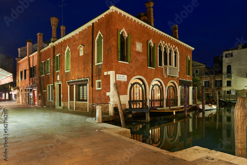 Night view of the The Malcanton river (bad corner canal) is a canal of Venice that limits the sestiere of Santa Croce and Dorsoduro.