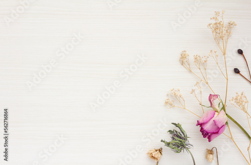 Pretty decorative frame consisting of roses, hazel and other plants placed on a light wood grain background