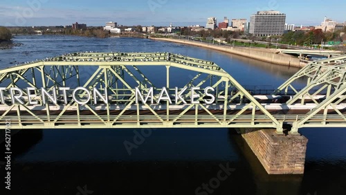 Trenton Makes The World Takes sign in New Jersey. Bridge over Delaware River. Aerial during day. photo