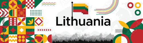 Restoration of Independence of Lithuania Banner with map, flag colors theme background and geometric abstract retro modern, red yellow and green design. illustration banner design template. photo