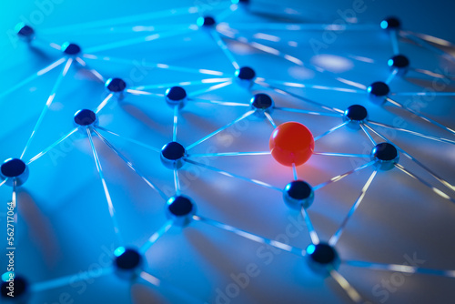 network connect concept, Molecule structure with red sphere on blue background. 3d rendering
