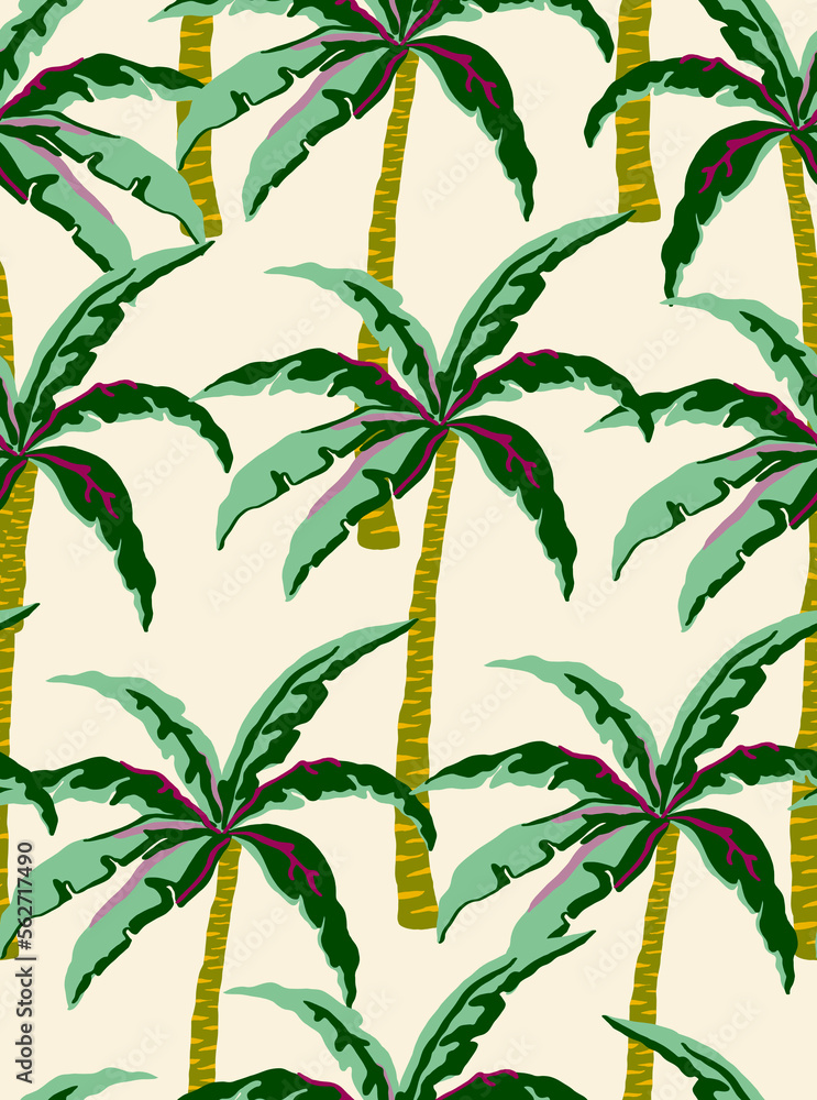 Seamless tropical design, with amazing palm trees. Fashion, interior,wallpaper, fabrics, wrapping, packaging suitable.