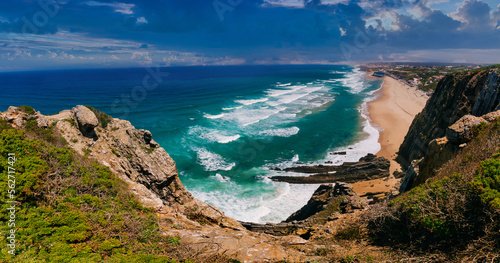 Fotografie Amazing panoramic landscape of a picturesque atlantic coast with rocks and long beach of Praia Grande