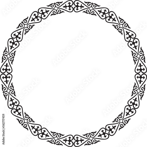 Vector monochrome Kazakh national round pattern, frame. Ethnic ornament of the nomadic peoples of Asia, the Great Steppe, Kazakhs, Kirghiz, Kalmyks, Mongols, Buryats, Turkmens
