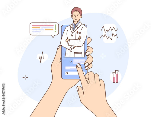Smartphone screen with male therapist in chat of messenger on online consultation. Ask the doctor. Online medical consultation, telemedicine. Vector illustration in hand drawn cartoon style