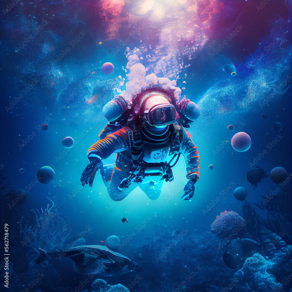Abstract astronaut in spacesuit swimming underwater. AI generative. Abstract astronaut in spacesuit swimming underwater. AI generative.