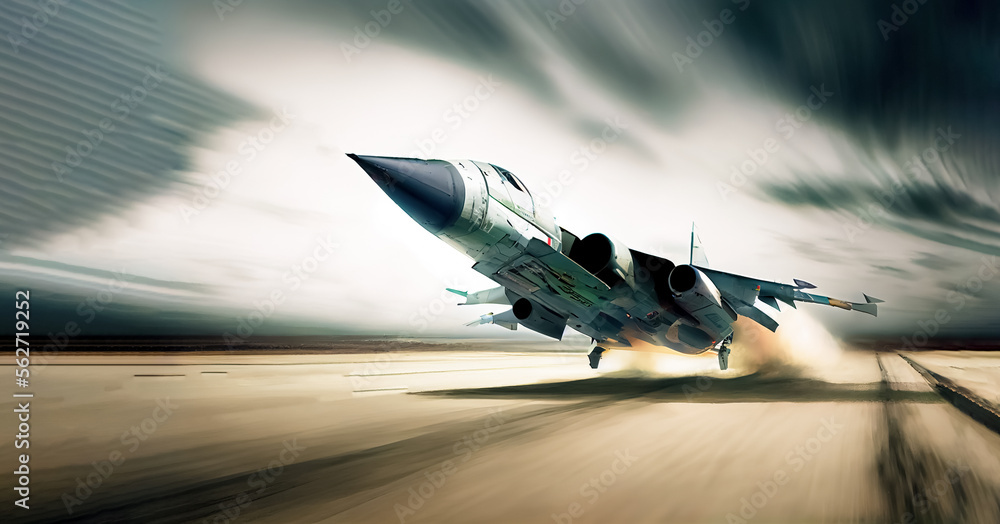 Combat military fighter rapidly takes off at high speed from the runway