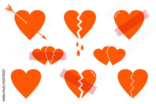 Set of hearts, pierced by arrow, broken, taped. Vector illustration of strips of transparent adhesive tape with torn edges. Icons of symbol of love.