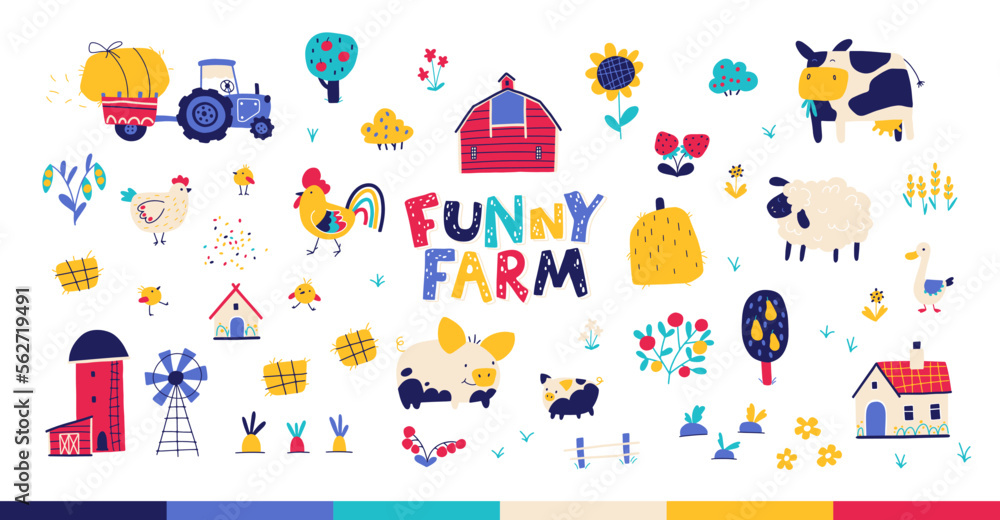 Farm cartoon collection. Vector hand-drawn characters of domestic animals, countryside, houses and sheds with tractor and garden. Trendy doodle style, bright palette.
