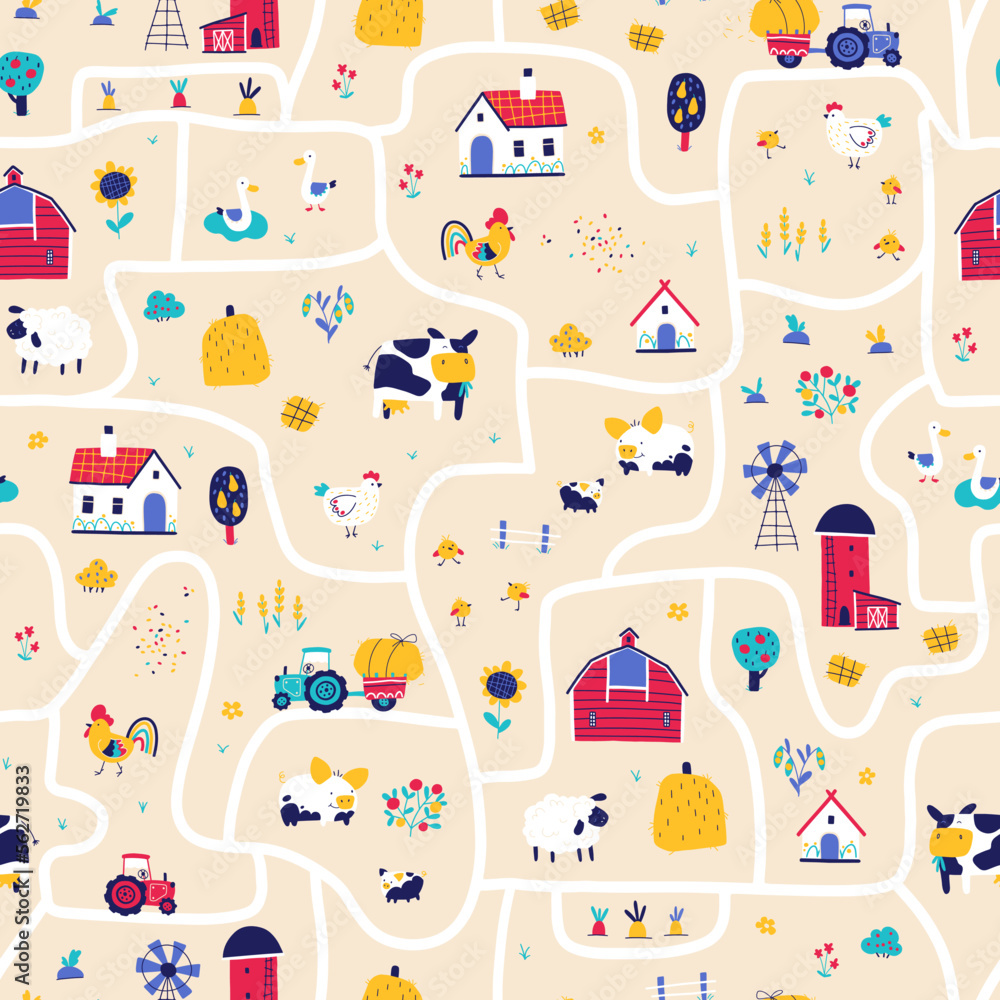 Farm map seamless pattern. Vector hand-drawn road with funny characters ...