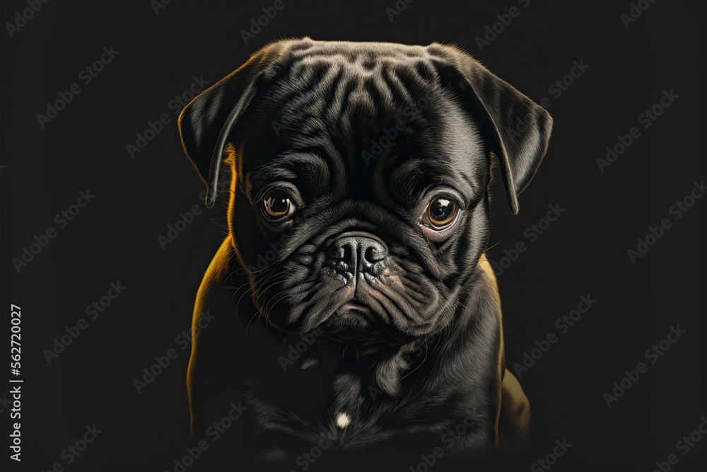 Cute pug dog on black background, ai generative