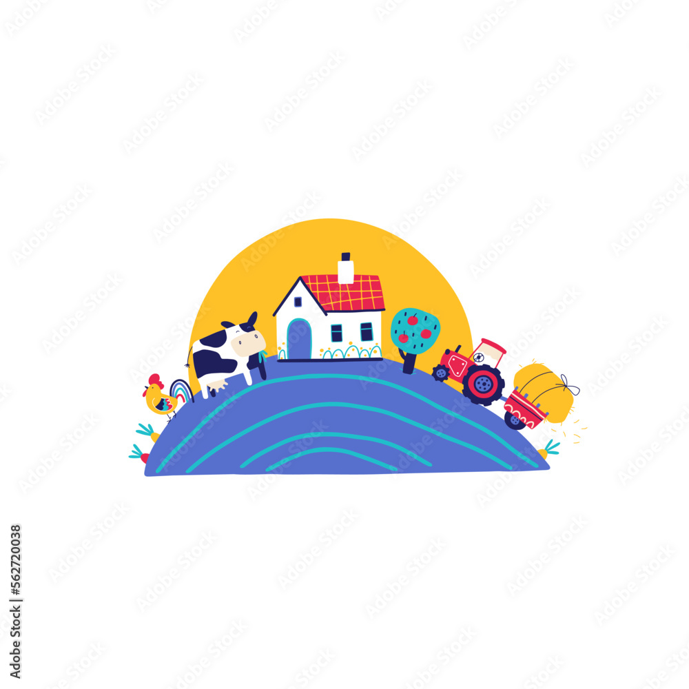Farm landscape composition. A country house with a cow, a rooster and a tractor. Trendy doodle style, bright palette on a white background, perfect for baby prints.