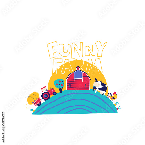 Farm landscape composition. A rural barn with a cow, a rooster and a tractor. Trendy doodle style, bright palette on a white background, perfect for baby prints.