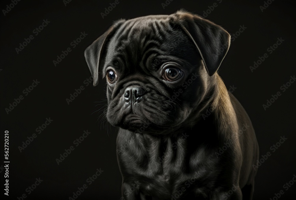 Cute pug dog on black background, ai generative