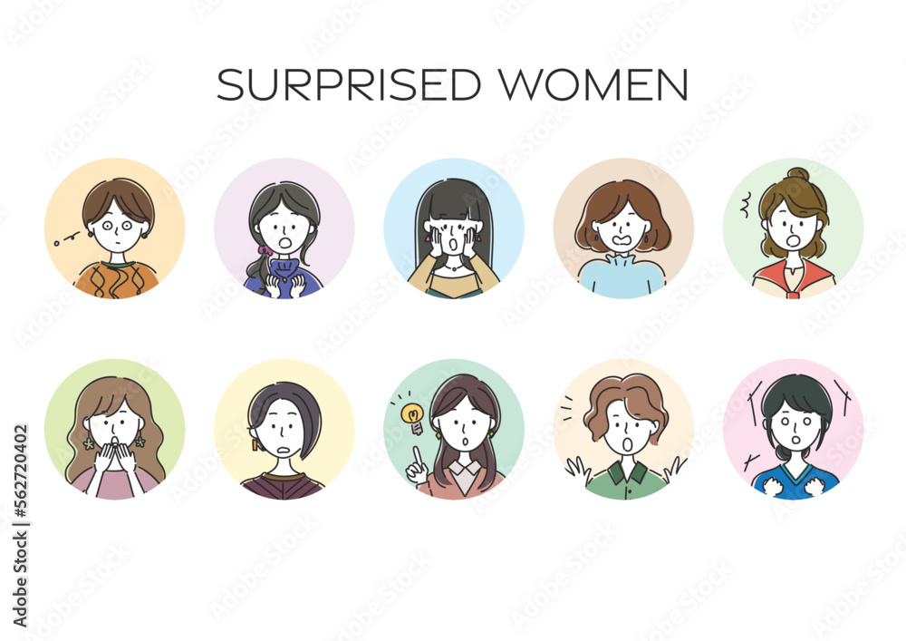 驚く、発見、びっくりする女性のアバター、シンプルなアイコンセット 驚く、発見、びっくりする女性のアバター、シンプルなアイコンセット