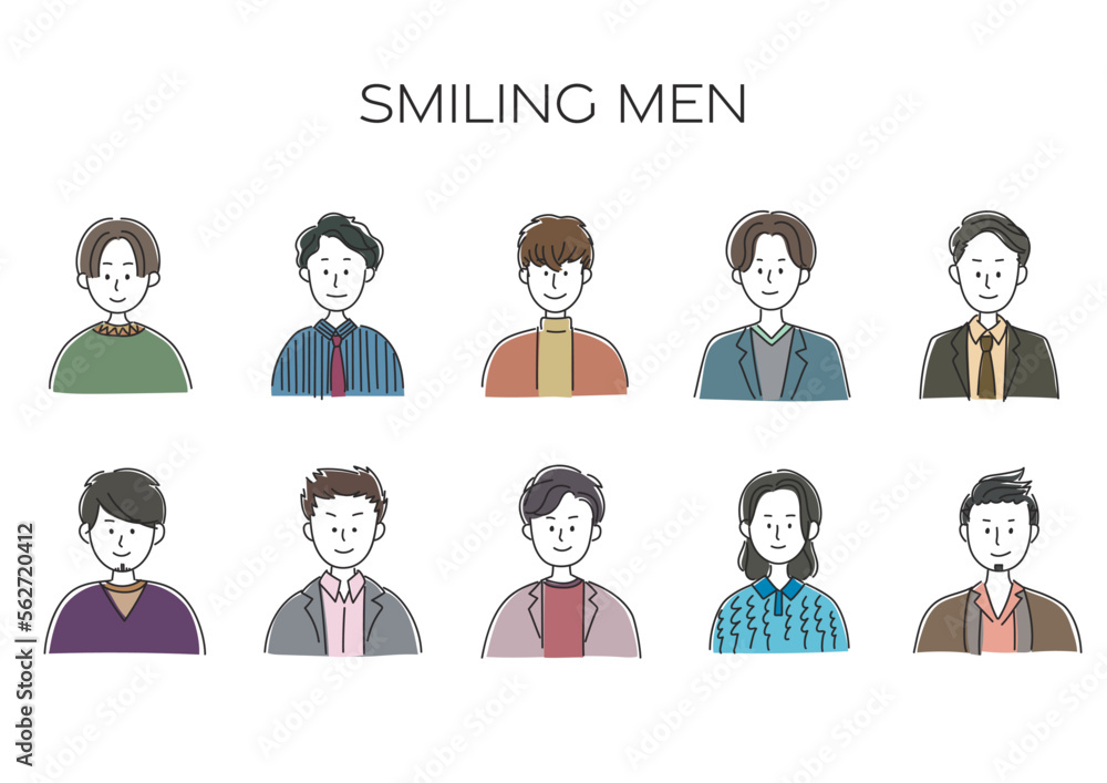 笑顔で正面を向く男性のアバター、シンプルなアイコンセット