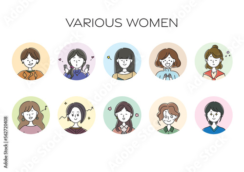 様々な表情をした女性のアバター、シンプルなアイコンセット