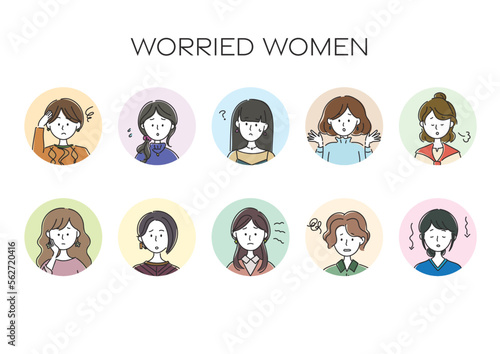 困る、落ち込む、悩む女性のアバター、シンプルなアイコンセット
