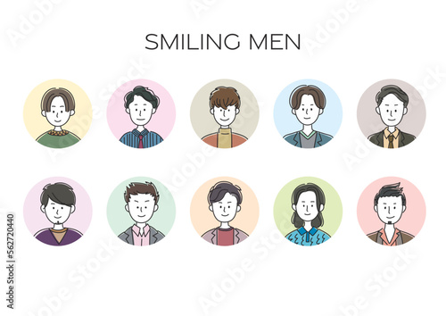 笑顔で正面を向く男性のアバター、シンプルなアイコンセット © maouyama