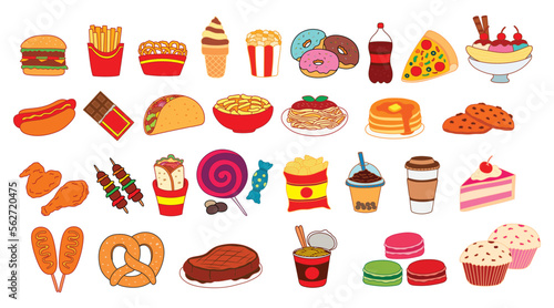 Vector illustration set Of Fast Food Dishes with Drinks and Desserts Collection with burger and pizza, popcorn hot dog and coke drink with donut, cup noodles and steak, French fries and taco clip art