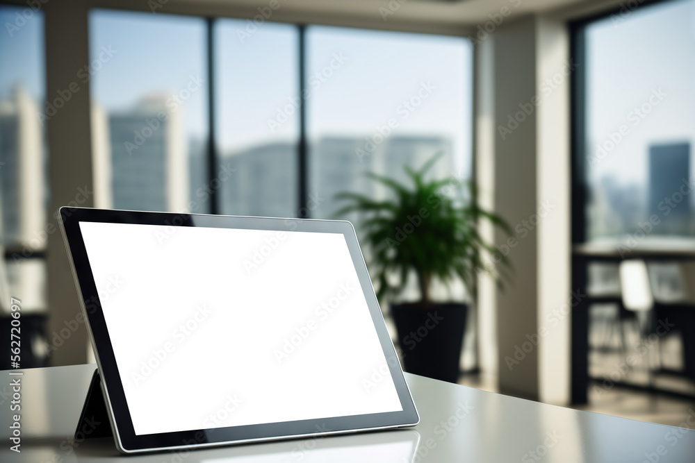Tablet computer with blank screen on blurred office background. Copy space. Generative AI Tablet computer with blank screen on blurred office background. Copy space. Generative AI