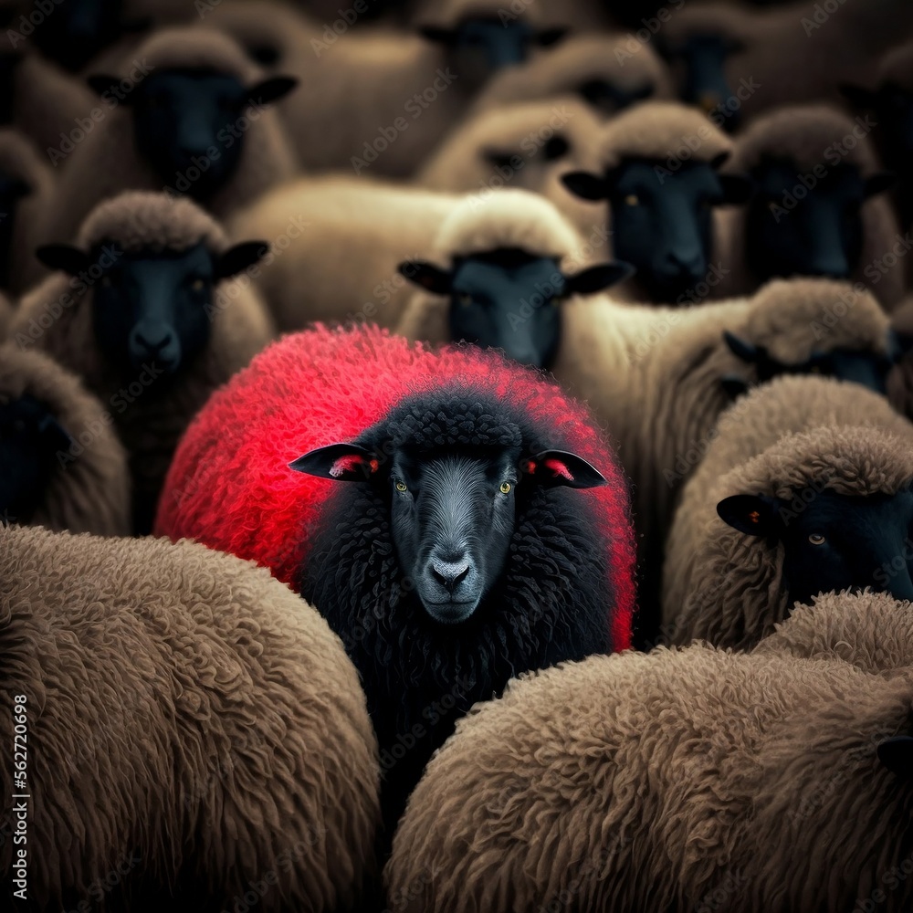 Obraz premium ne pas faire le mouton, mouton rouge, différent des autres au milieu de moutons blancs - illustration IA