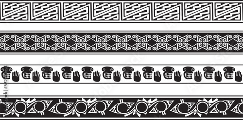 Vector set of seamless monochrome national native american ornaments. Endless ethnic black borders, frames of the peoples of America, Aztec, Maya, Incas. For sandblasting, plotter and laser cutting..