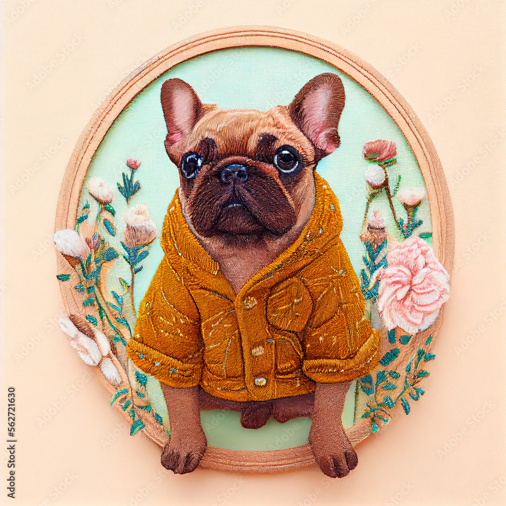 Embroidered French Bulldog dressed with jacket surrounded by a round frame. IA generated