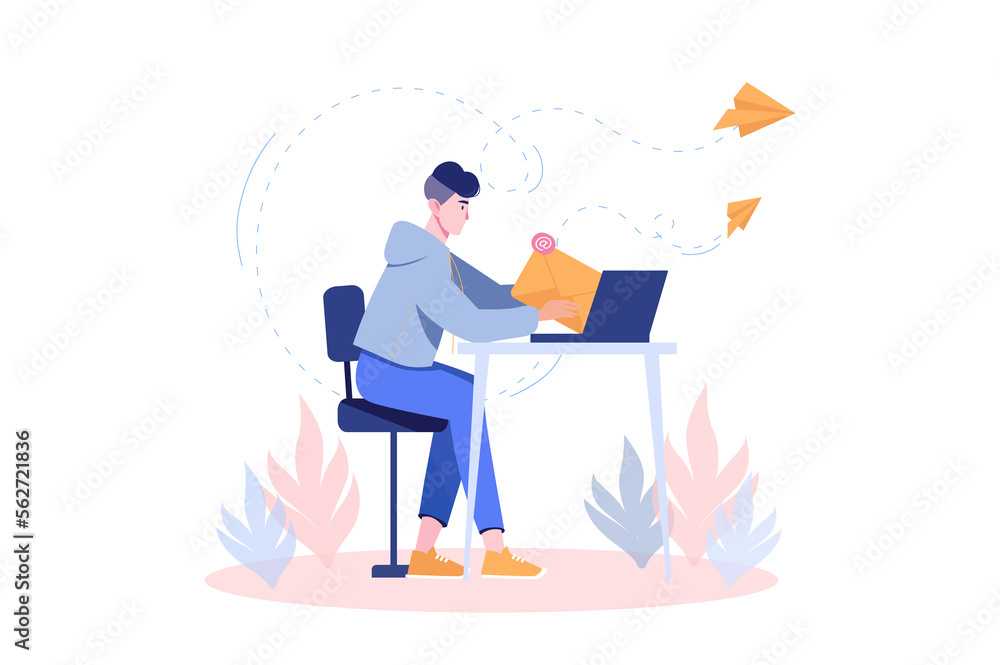 Email service concept with people scene in flat cartoon design. Man is engaged in sending letters to different parts of the world using laptop.