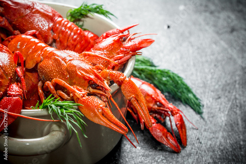 Delicious fragrant boiled crayfish with dill.
