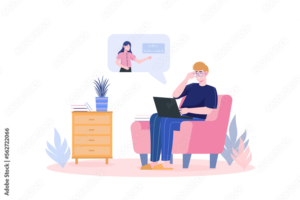 Obraz premium Distance learning concept with people scene in flat cartoon design. Student listens to the teacher's explanation in an online lesson while sitting in a chair at home.