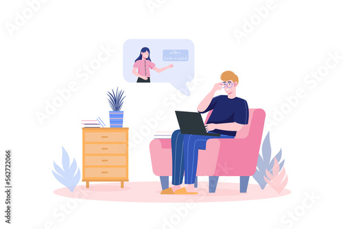 Distance learning concept with people scene in flat cartoon design. Student listens to the teacher s explanation in an online lesson while sitting in a chair at home.