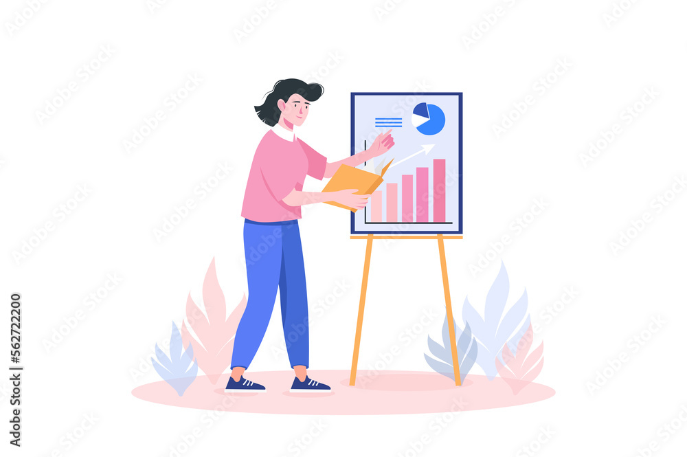 Business process concept with people scene in flat cartoon design. Woman presents her business plan using whiteboard with charts and tables.