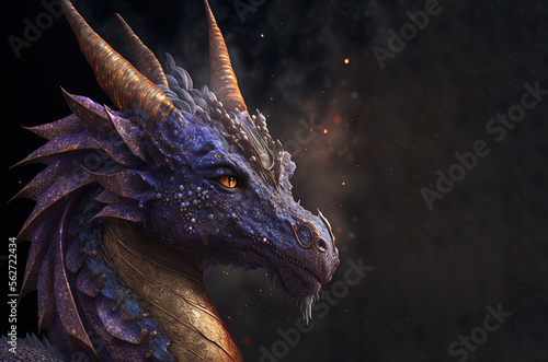 Awesome portrait of a dragon. Copy space. Beautiful illustration for fantasy and board game.. Celestial drake. Generative AI.