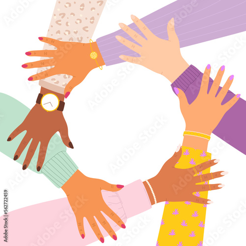 Illustration of female hands with different skin colors holding each other. Girl power. The concept of feminism, support, unity, teamwork, sisterhood, cohesion.