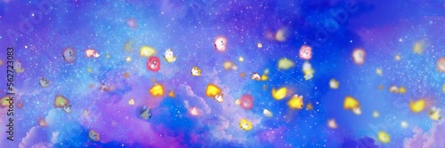 神秘的な宇宙空間をふわふわ舞う黄色い蝶々達の幻想的な背景イラスト