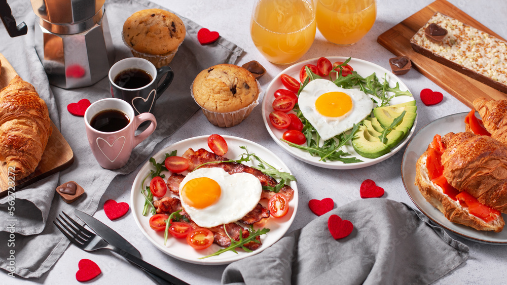 Couple breakfast on Valentines Day on gray background, top view Couple breakfast on Valentines Day on gray background, top view